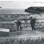 Foreground. Pilots Richard Young (white cap) and John Burn tend their allotments on the Lawe 1918 - 19